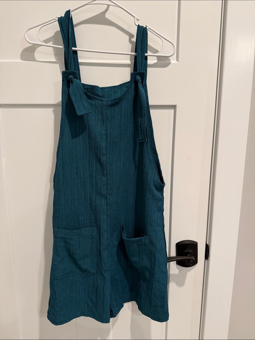 SHEIN Teal Tie-Strap Romper with Front Pockets
